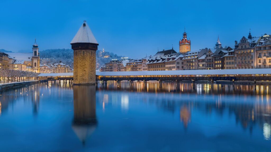 Chapel Bridge over the Reuss at blue hour, Lucerne, Switzerland
